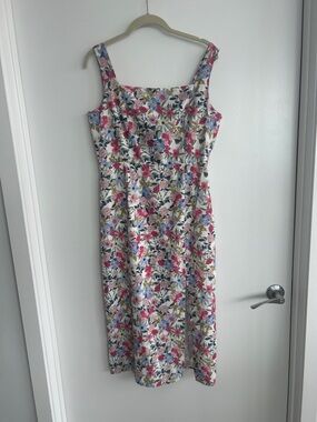 NSR White Floral Midi Dress with Pink & Blue Flowers